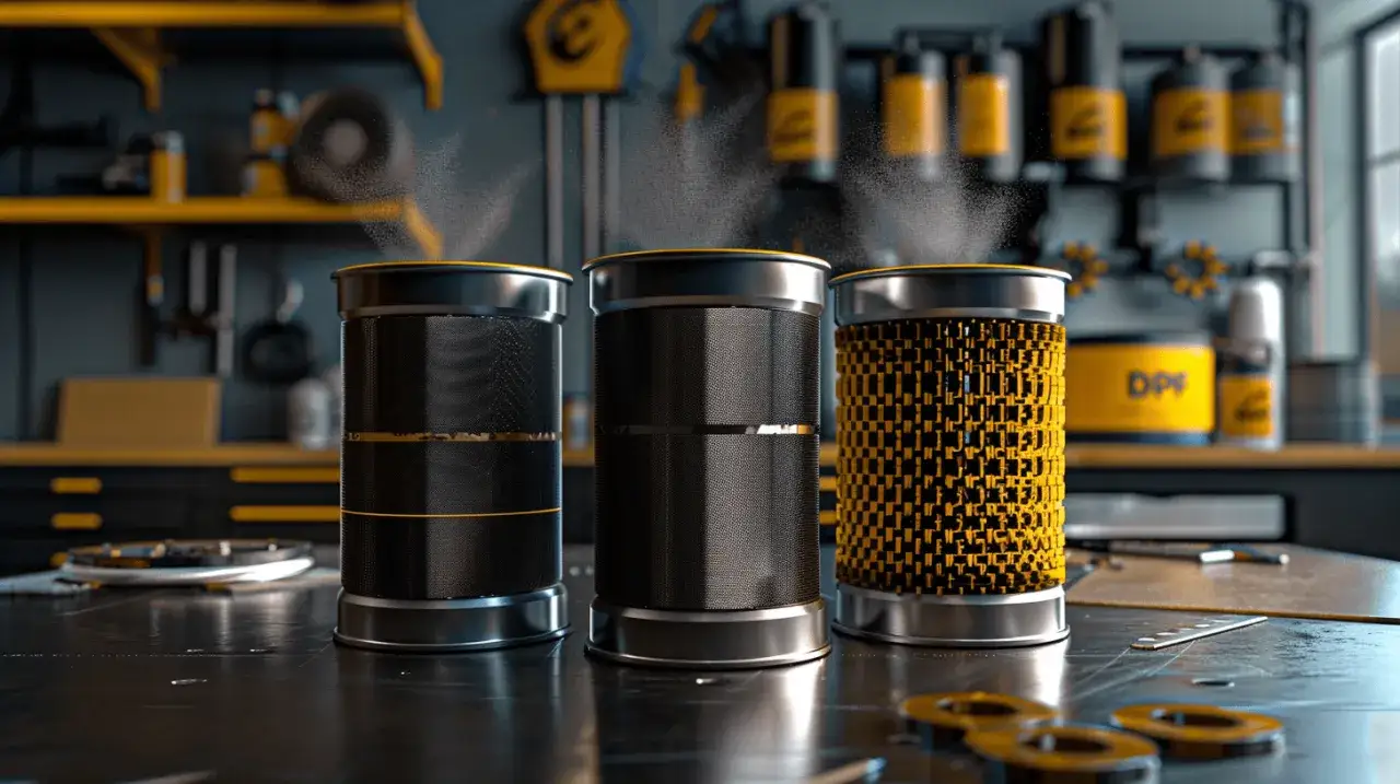 Trzy cylindryczne filtry DPF w warsztacie, jeden z żółtym wzorem.