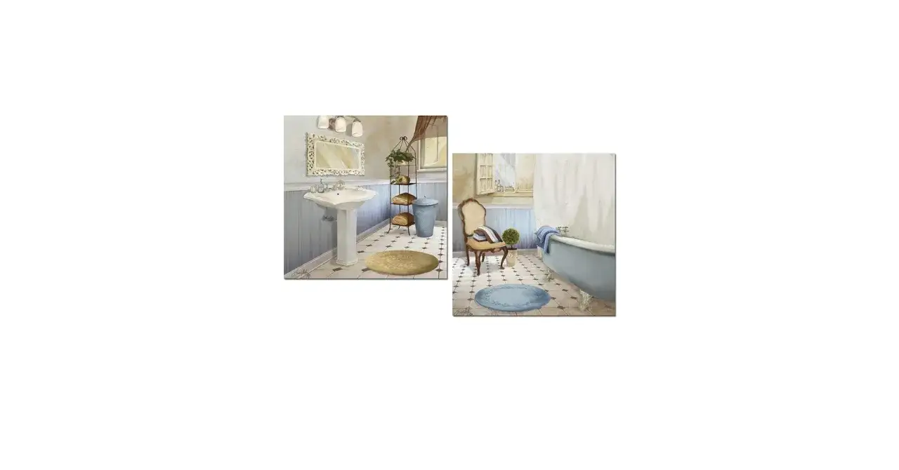 Dos cuadros de baños estilo vintage: uno con lavabo y otro con bañera azul.