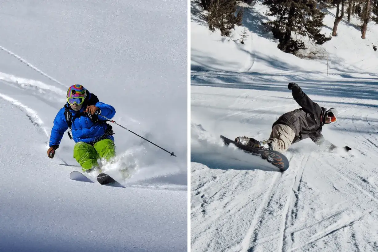 Narciarz w niebieskiej kurtce i snowboardzista w ciemnej kurtce na ośnieżonym stoku.
