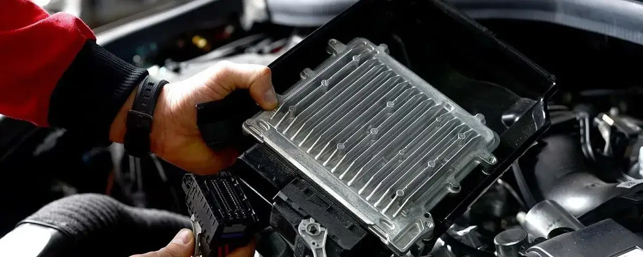 Ręka trzymająca moduł sterujący silnika samochodu.