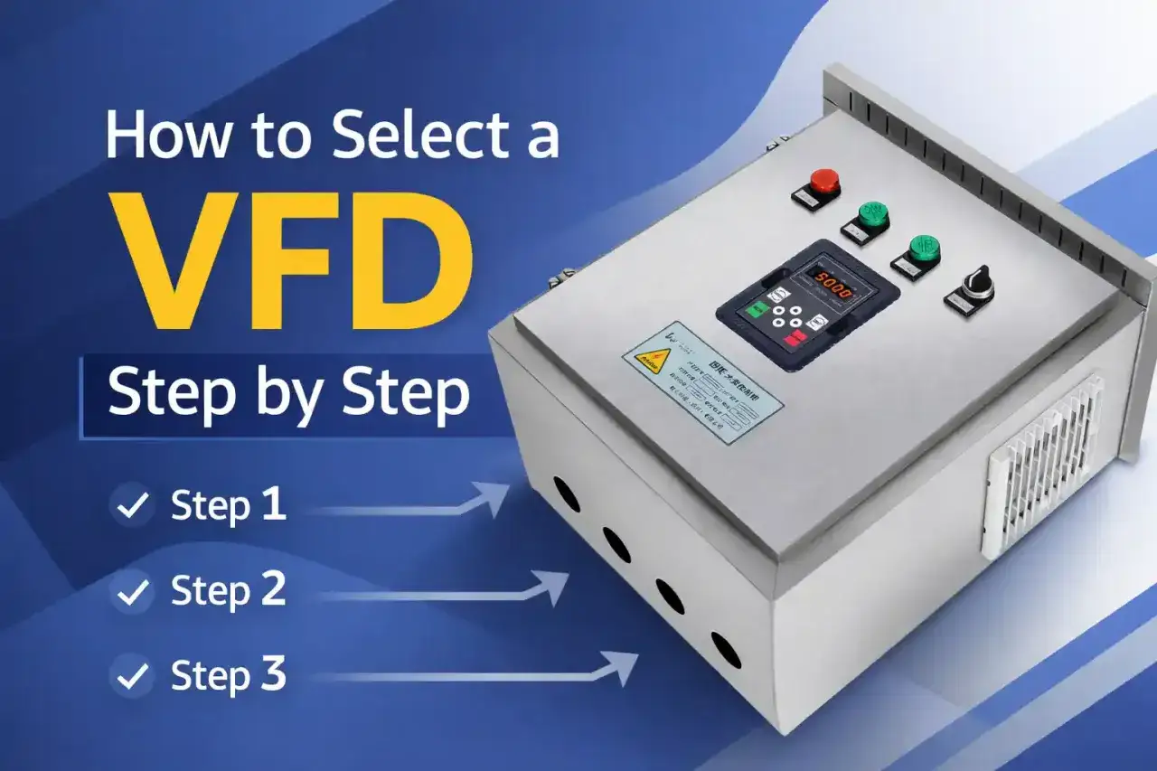 Panel sterowania z wyświetlaczem cyfrowym i przyciskami, obok tekst "How to Select a VFD Step by Step". To jest przetwornik częstotliwości.