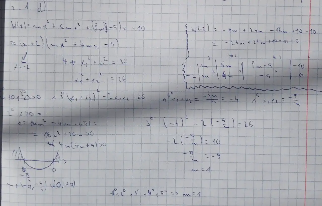 Ręcznie pisane równania matematyczne i wykres paraboli na kratkowanym papierze.