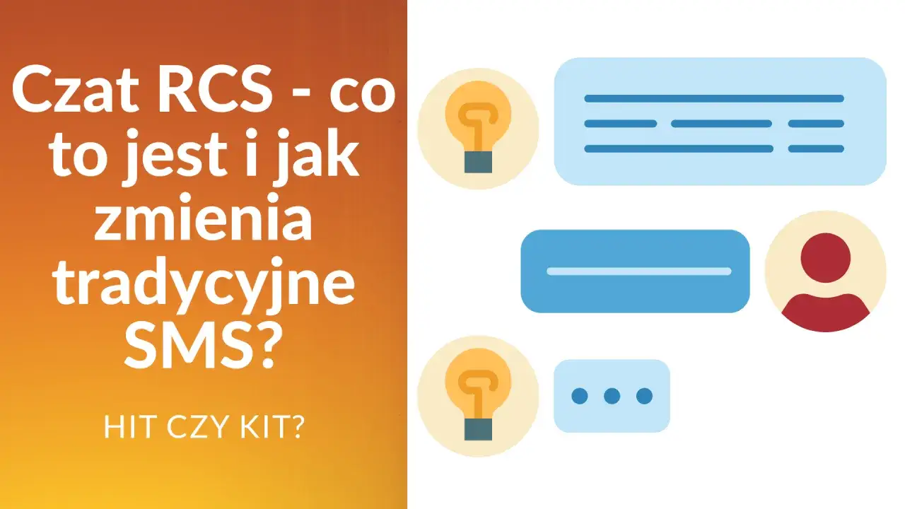 Czat RCS - co to jest i jak zmienia tradycyjne SMS? Ikony czatu i żarówki sugerują innowację.