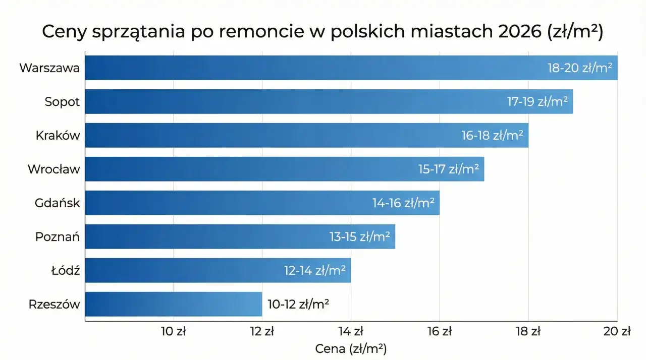 Wykres porównuje, ile kosztuje sprzątanie mieszkania po remoncie w polskich miastach w 2026 roku. Najdrożej jest w Warszawie (18-20 zł/m²), najtaniej w Rzeszowie (10-12 zł/m²).