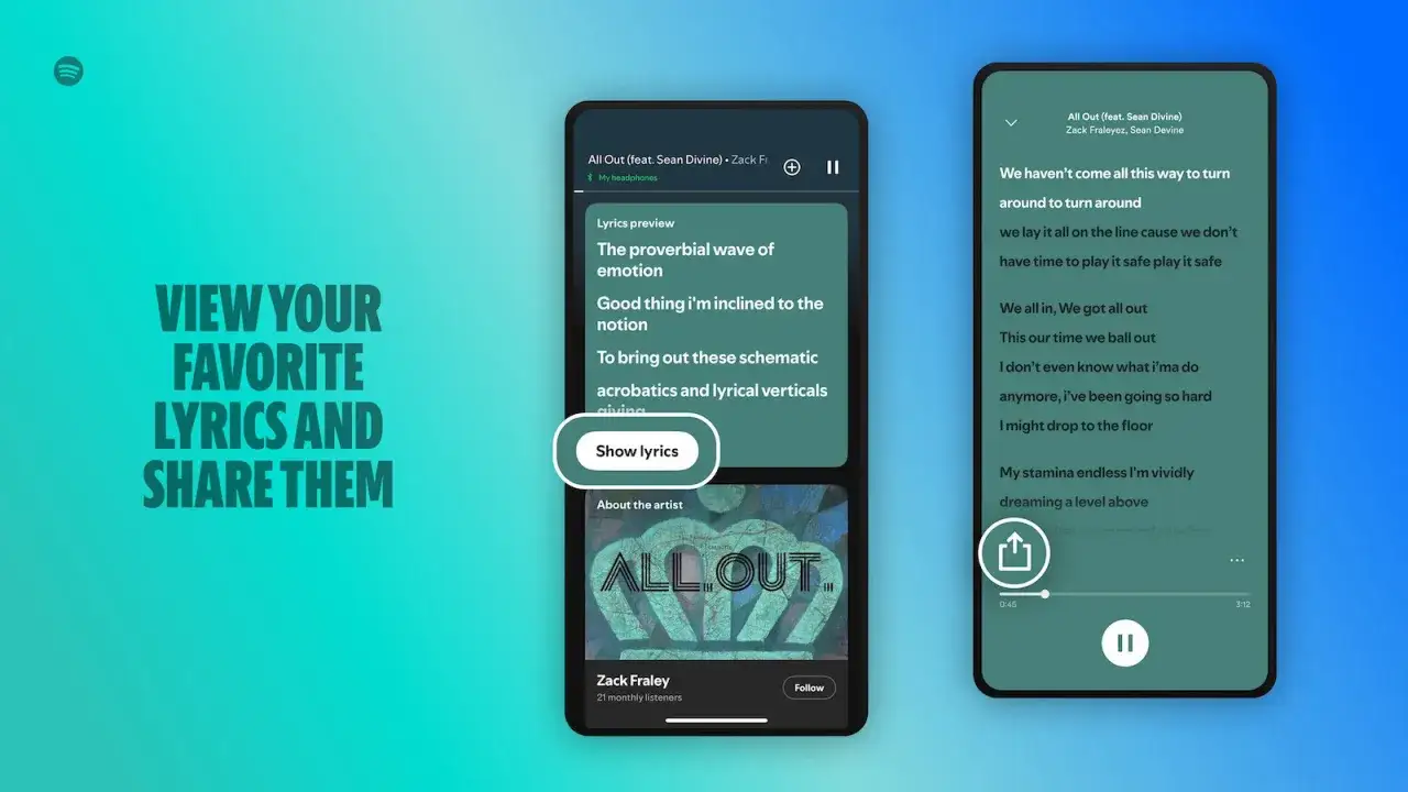 Dwa ekrany telefonu z widokiem tekstu piosenki i opcją udostępniania.