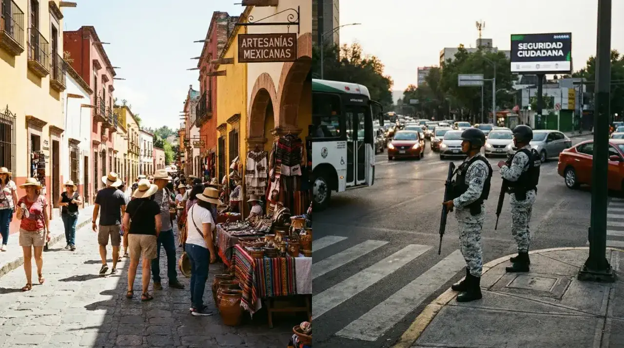 Kolorowa ulica z turystami i stragany z rękodziełem po lewej, po prawej dwóch uzbrojonych żołnierzy na tle korka ulicznego i billboardu "Seguridad Ciudadana". Czy Meksyk jest bezpieczny?