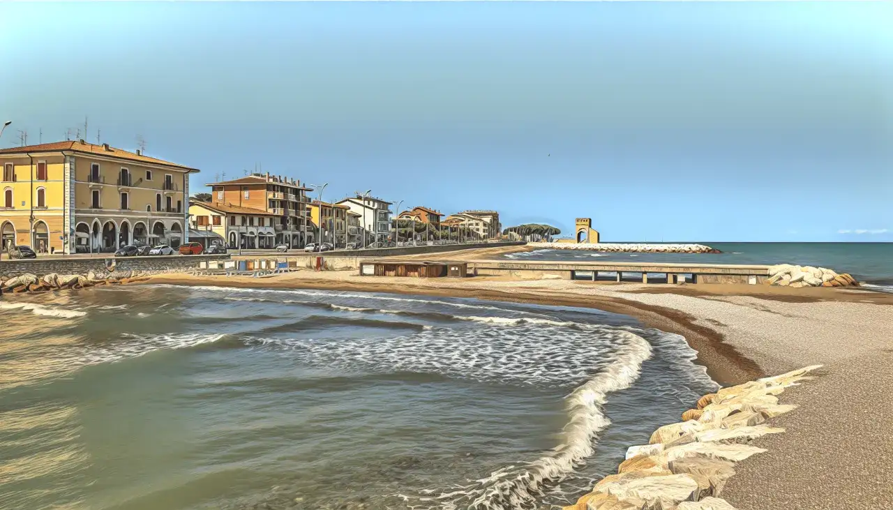 Spokojne morze i plaża w Rimini, z budynkami w tle. Czy Rimini jest bezpieczne? Wygląda na spokojne i przyjazne.