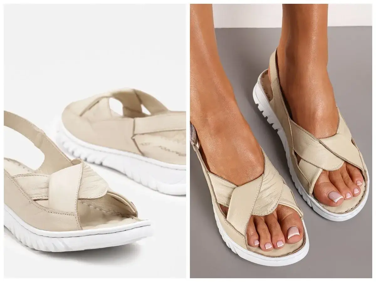 Wygodne, beżowe sandały na haluksy z miękkiej skóry. Idealne na lato, zapewniają komfort i styl.