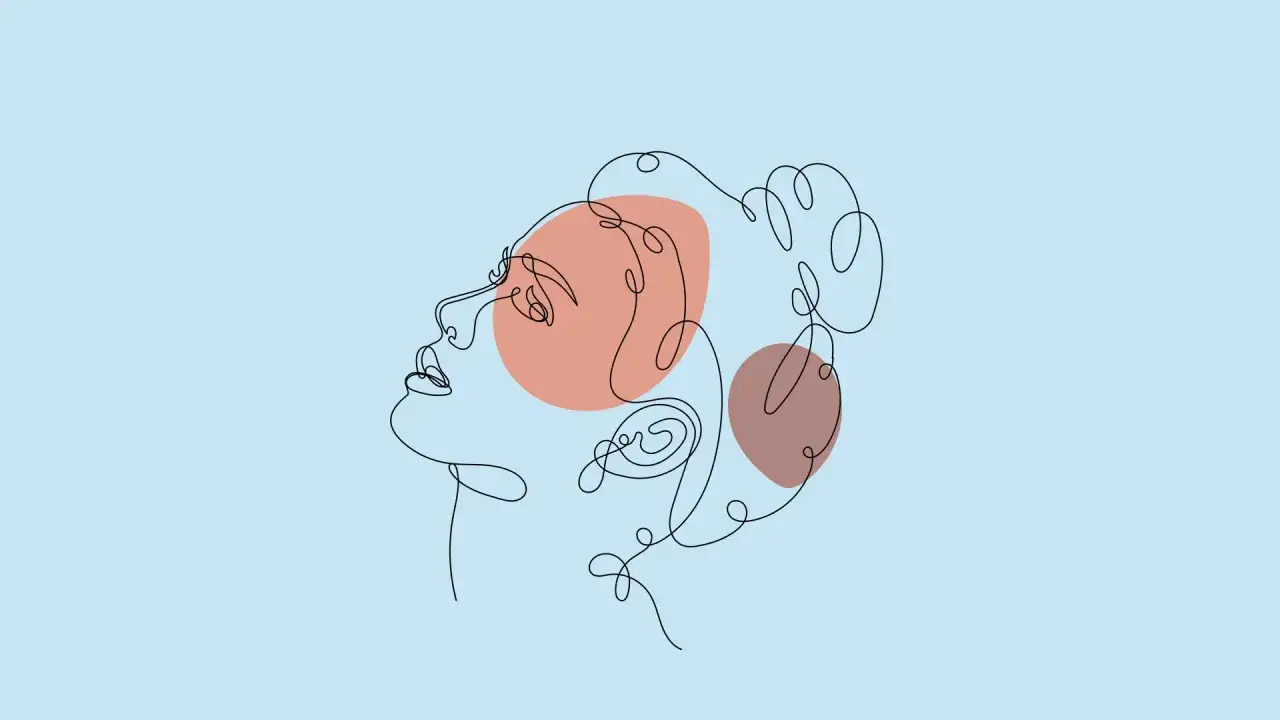 Linia rysująca profil kobiety, z plamami koloru, symbolizująca, co to znaczy osobowość.