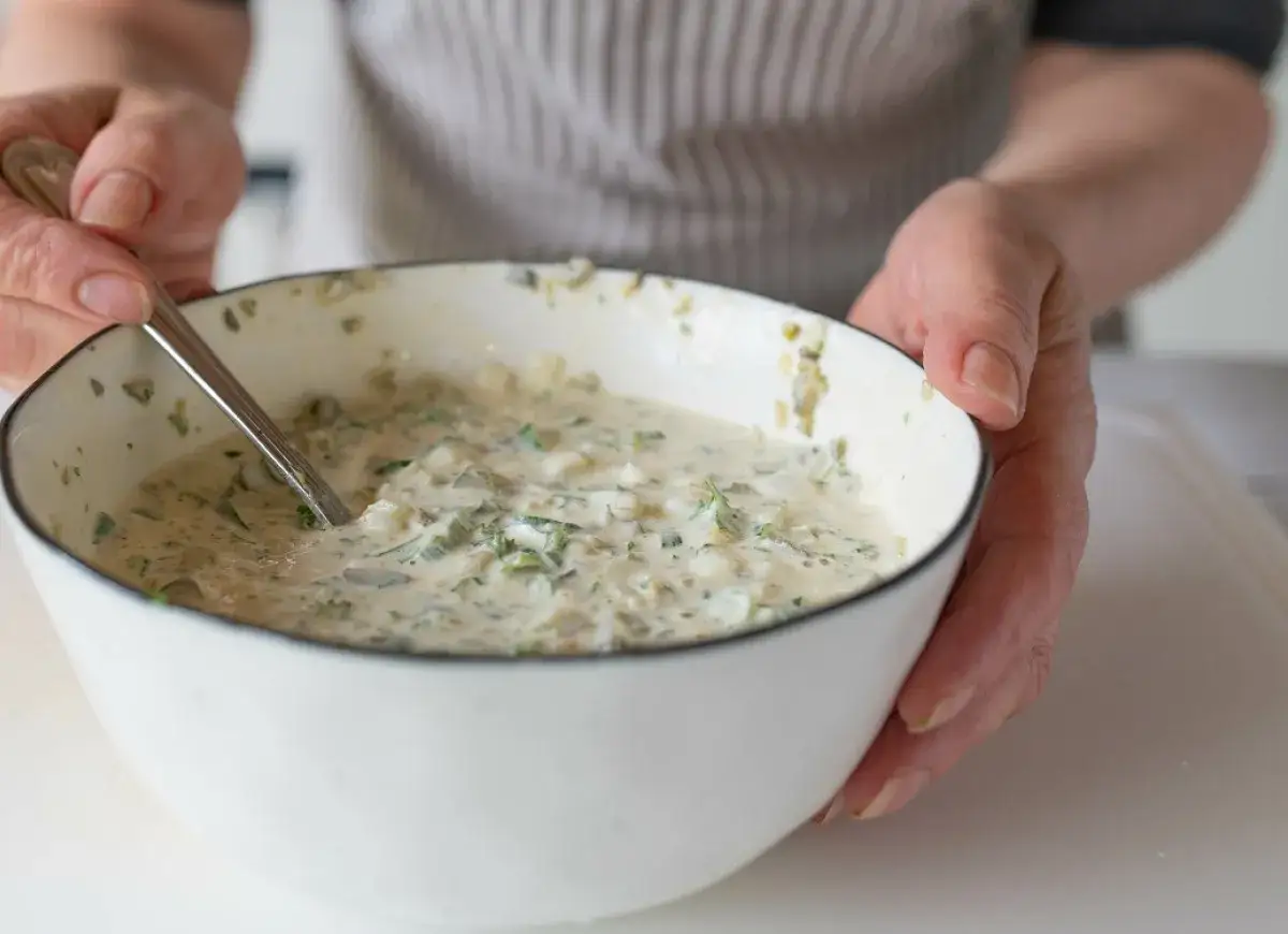 Ręce mieszają łyżką kremowy sos tatarski z kawałkami jajka, ogórka i ziół w białej misce.
