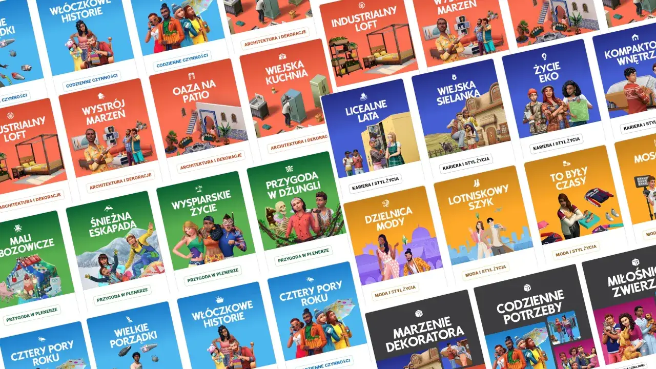 Siatka miniatur z grafikami z gry Sims 4, przedstawiającymi różne pakiety i modyfikacje.