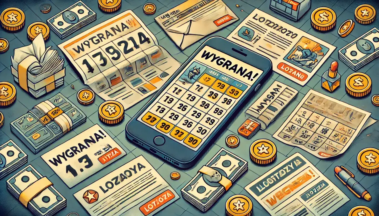 Telefon z napisem "WYGRANA!" i zaznaczonymi liczbami, obok gazety, pieniądze i monety. Czy loteriada informuje o wygranej?
