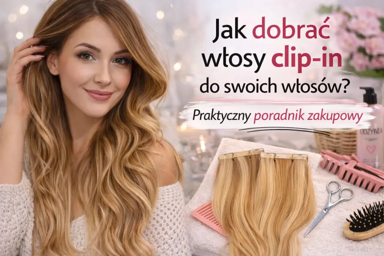 Kobieta z długimi, falowanymi włosami, obok pasma doczepianych włosów clip-in. Poradnik zakupowy dotyczący zabiegów na włosy.
