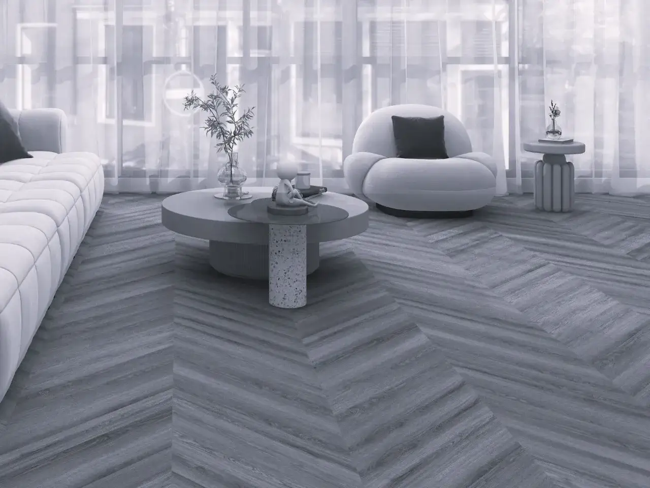 Nowe panele winylowe w jodełkę tworzą stylową bazę dla nowoczesnego salonu.