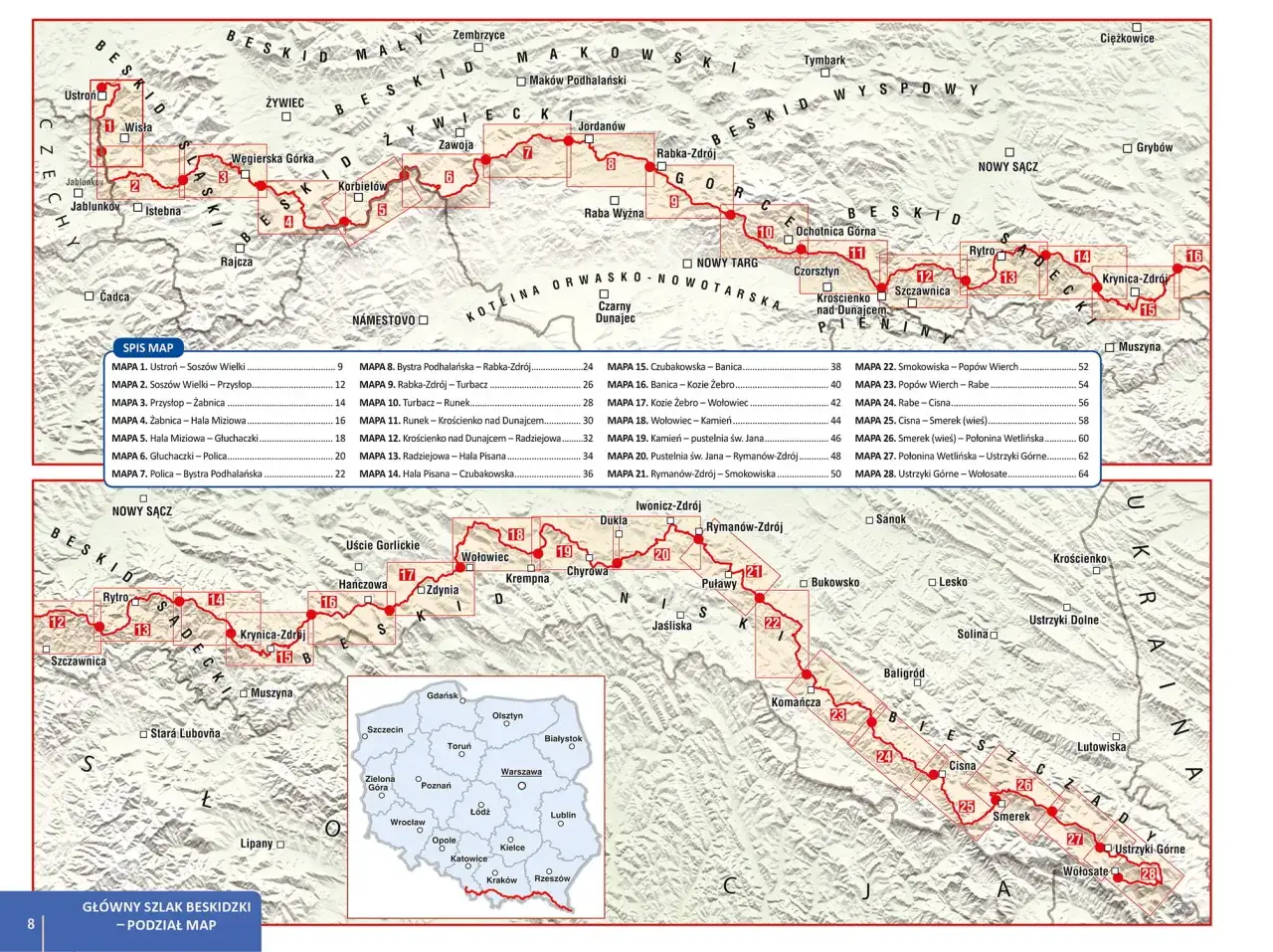 Mapa Głównego Szlaku Beskidzkiego, który ma 500 km, z zaznaczonymi odcinkami i miejscowościami.
