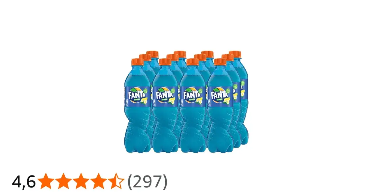 Rząd niebieskich butelek Fanta Shokata z pomarańczowymi nakrętkami.