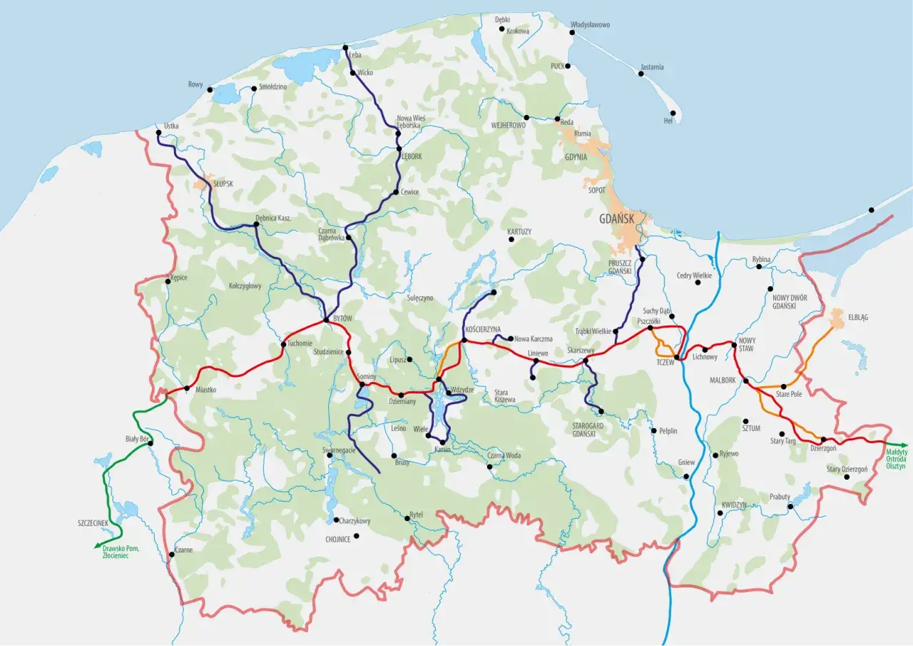 Mapa kolejowa Pomorza z zaznaczoną trasą Bytów - Kościerzyna - Tczew.