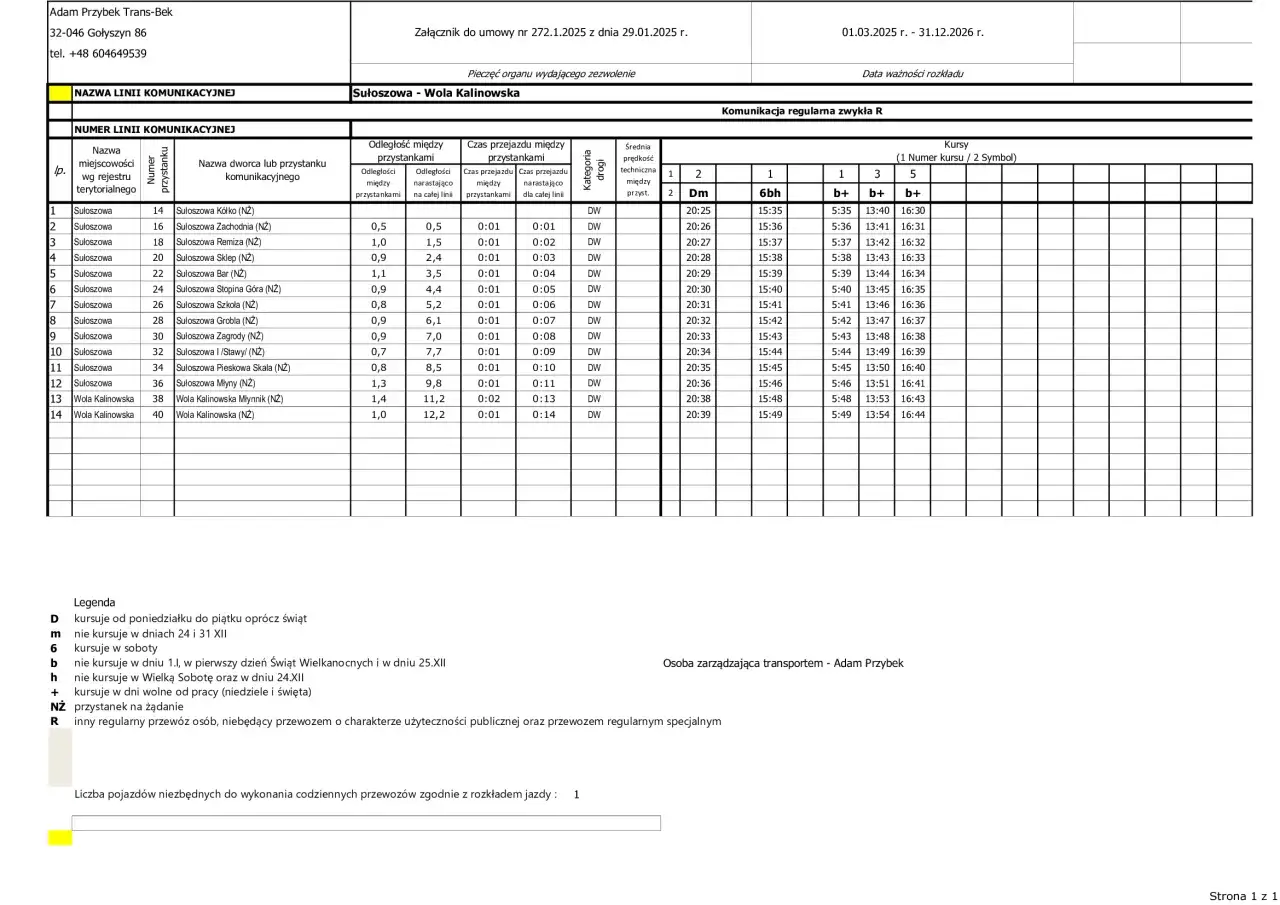 Rozkład jazdy linii 192 Kraków - Sułoszowa - Wola Kalinowska z godzinami kursowania i nazwami przystanków.
