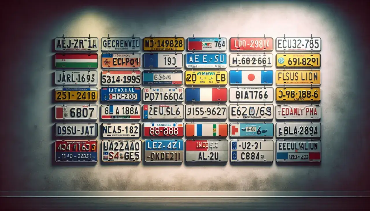 Kolekcja tablic rejestracyjnych z różnych krajów, w tym Węgier, Francji, USA i Japonii. Każda tablica to unikalna rejestracja, b jaki kraj?