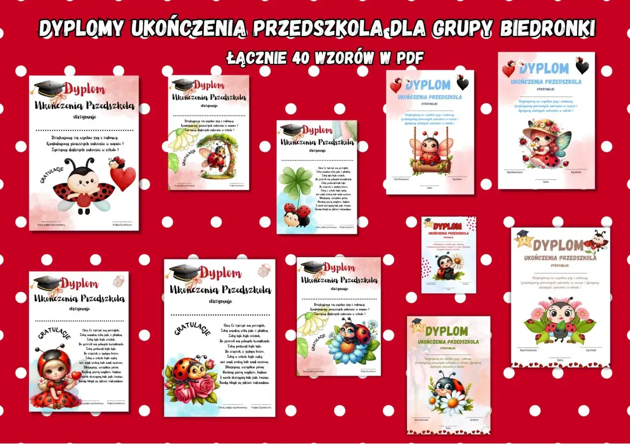 Dyplomy ukończenia przedszkola w Polsce dla grupy Biedronki. Urocze grafiki z biedronkami i kwiatami.