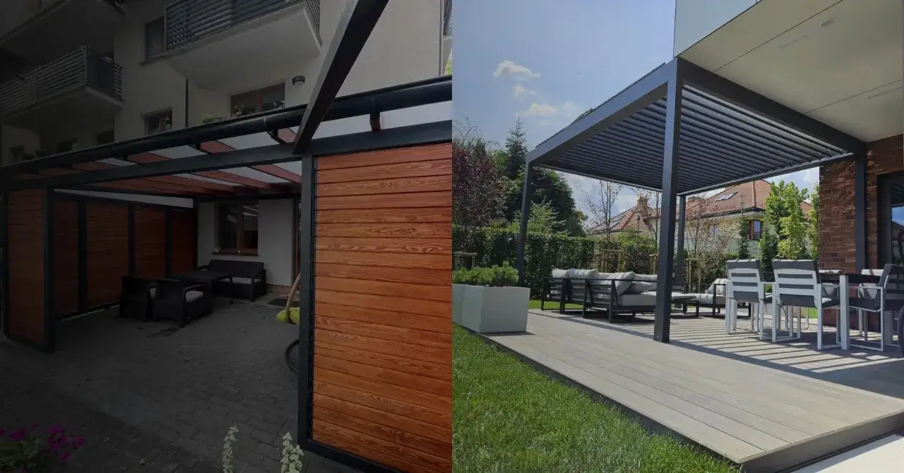 Dwie pergole: jedna z drewnianymi panelami i meblami ogrodowymi, druga nowoczesna, metalowa, z miejscem do wypoczynku i jadalnią.