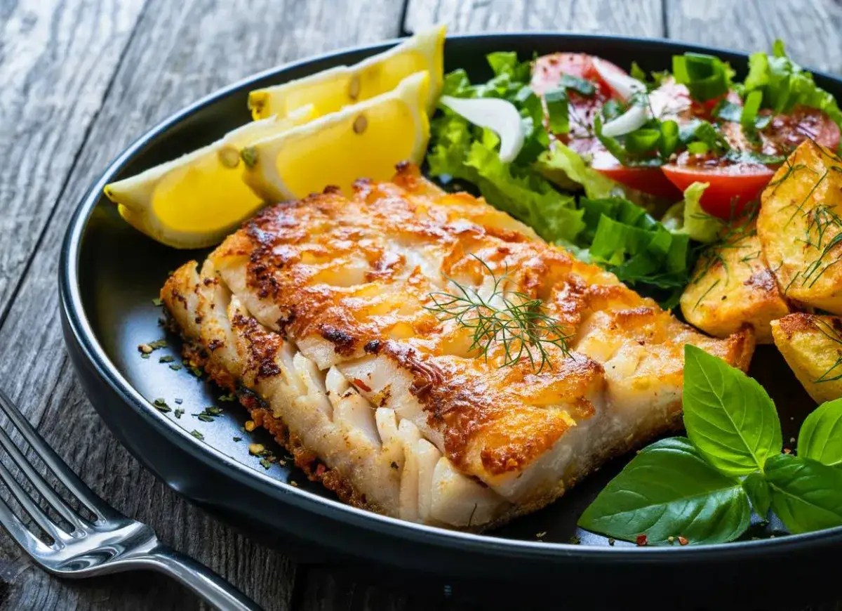 Idealny wybór, co do ryby na obiad: soczysty filet rybny z chrupiącymi ziemniaczkami, świeżą sałatką i cytryną.