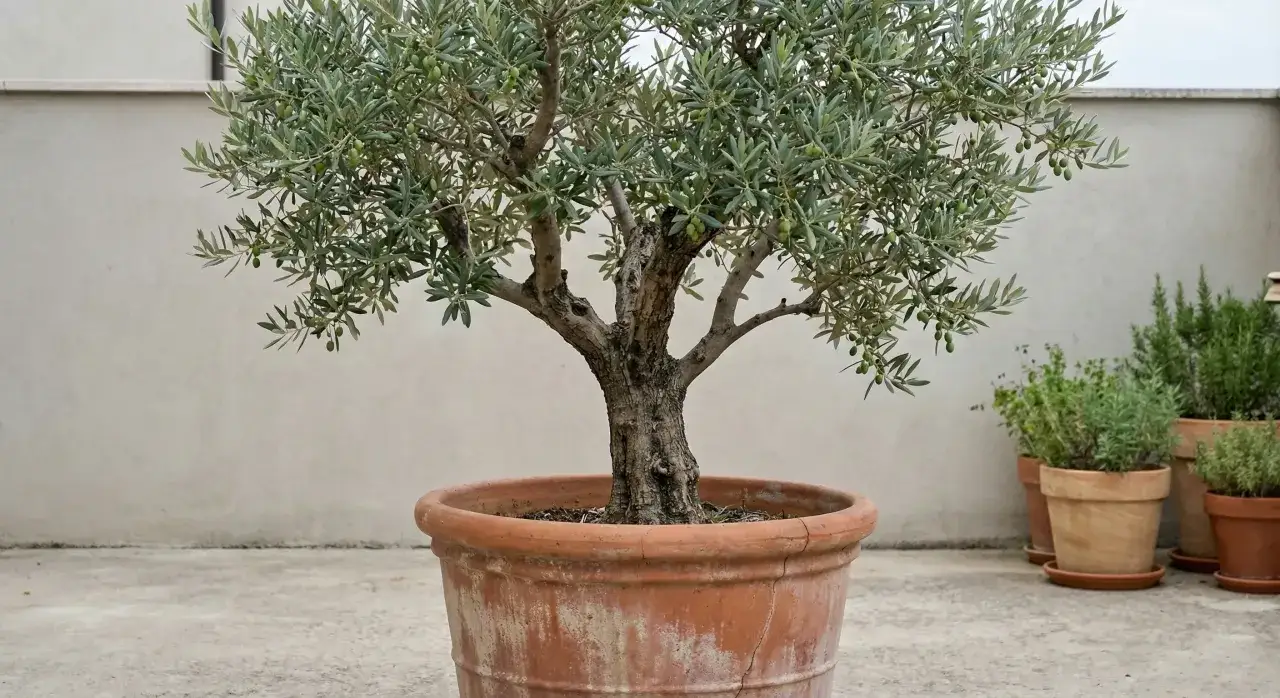 Młoda oliwka w glinianej donicy, z zielonymi owocami, rośnie na tle jasnej ściany. Ta oliwka jaka ziemia potrzebuje, by rozkwitnąć.