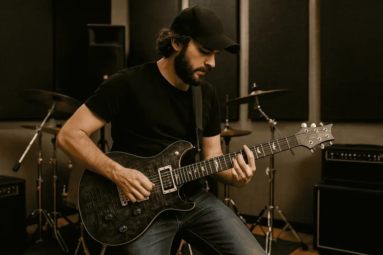 Mężczyzna w czapce z daszkiem gra na gitarze elektrycznej w studiu. Idealny obraz, by dowiedzieć się, jak zacząć grać na gitarze elektrycznej.