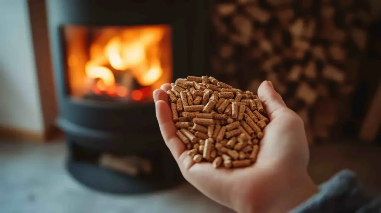 Dłoń trzymająca pellet na tle palącego się kominka.