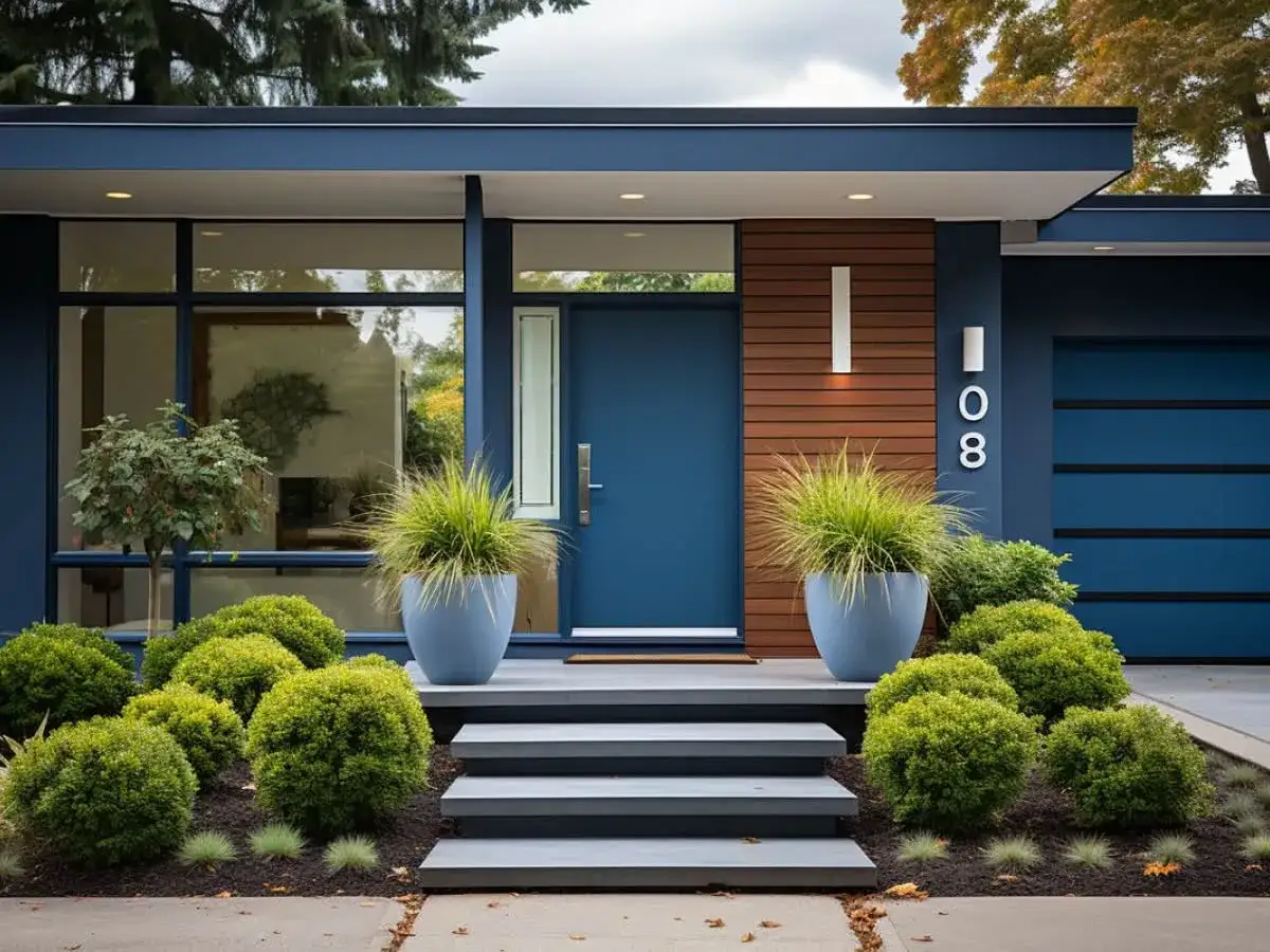 Niebieskie drzwi wejściowe domu z nowoczesną architekturą, otoczone bujną zielenią i ozdobnymi donicami.