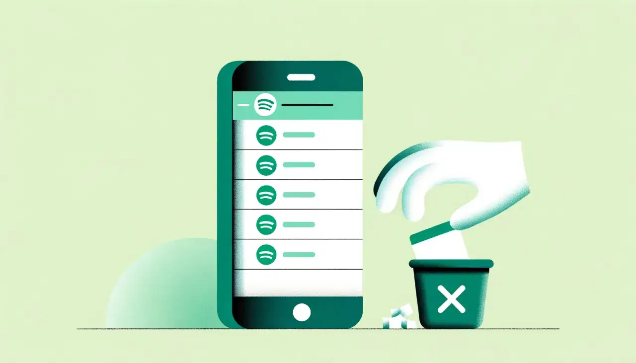 Dłoń wrzuca do kosza elementy z listy odtwarzania Spotify na ekranie telefonu.