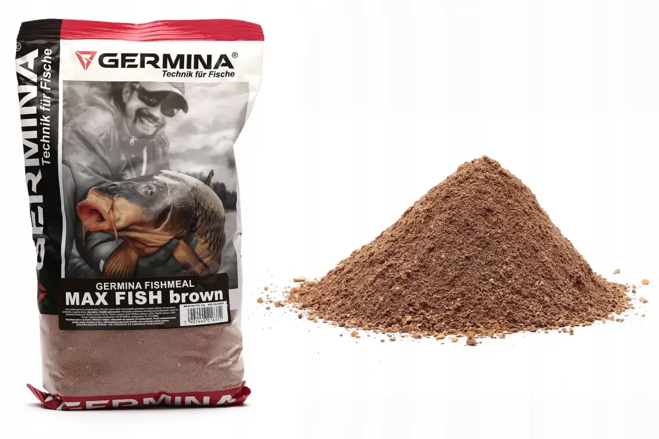 Zanęty Germina opinie: worek zanęty Max Fishmeal Brown i stożek brązowej zanęty na białym tle.