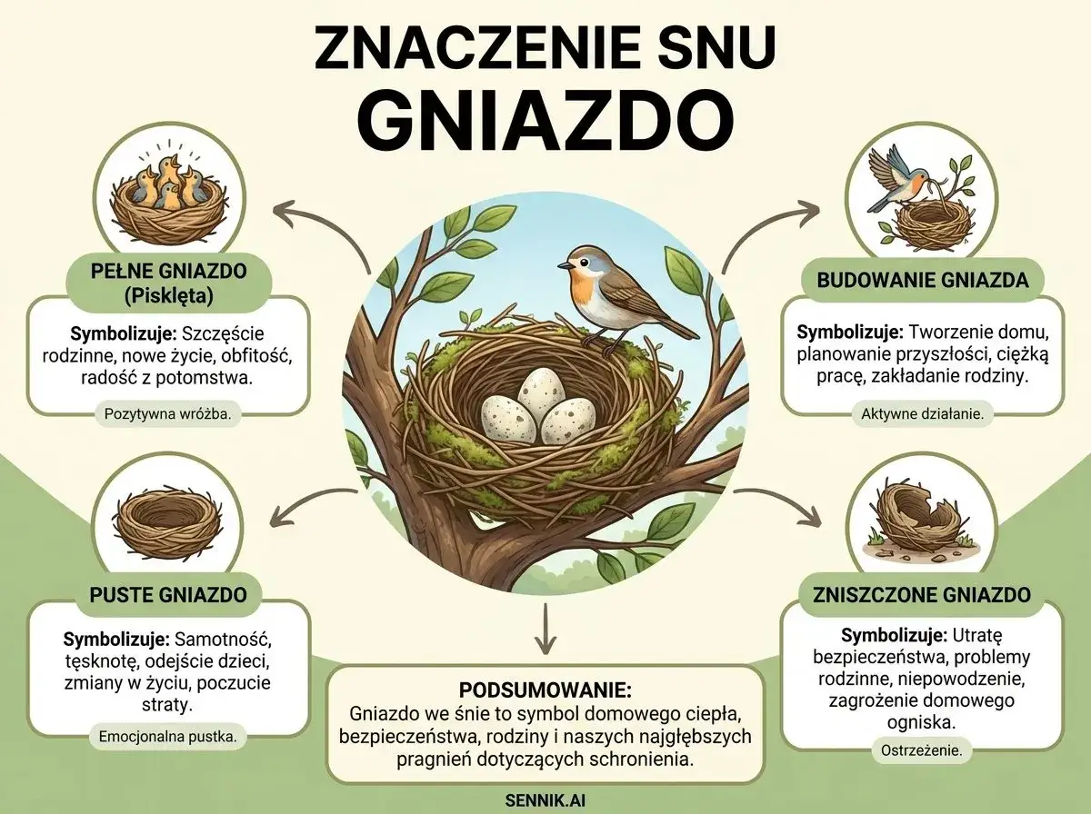 Sennik małe pisklęta w gnieździe symbolizują szczęście rodzinne i radość z potomstwa. Ilustracja pokazuje różne rodzaje gniazd i ich znaczenie.