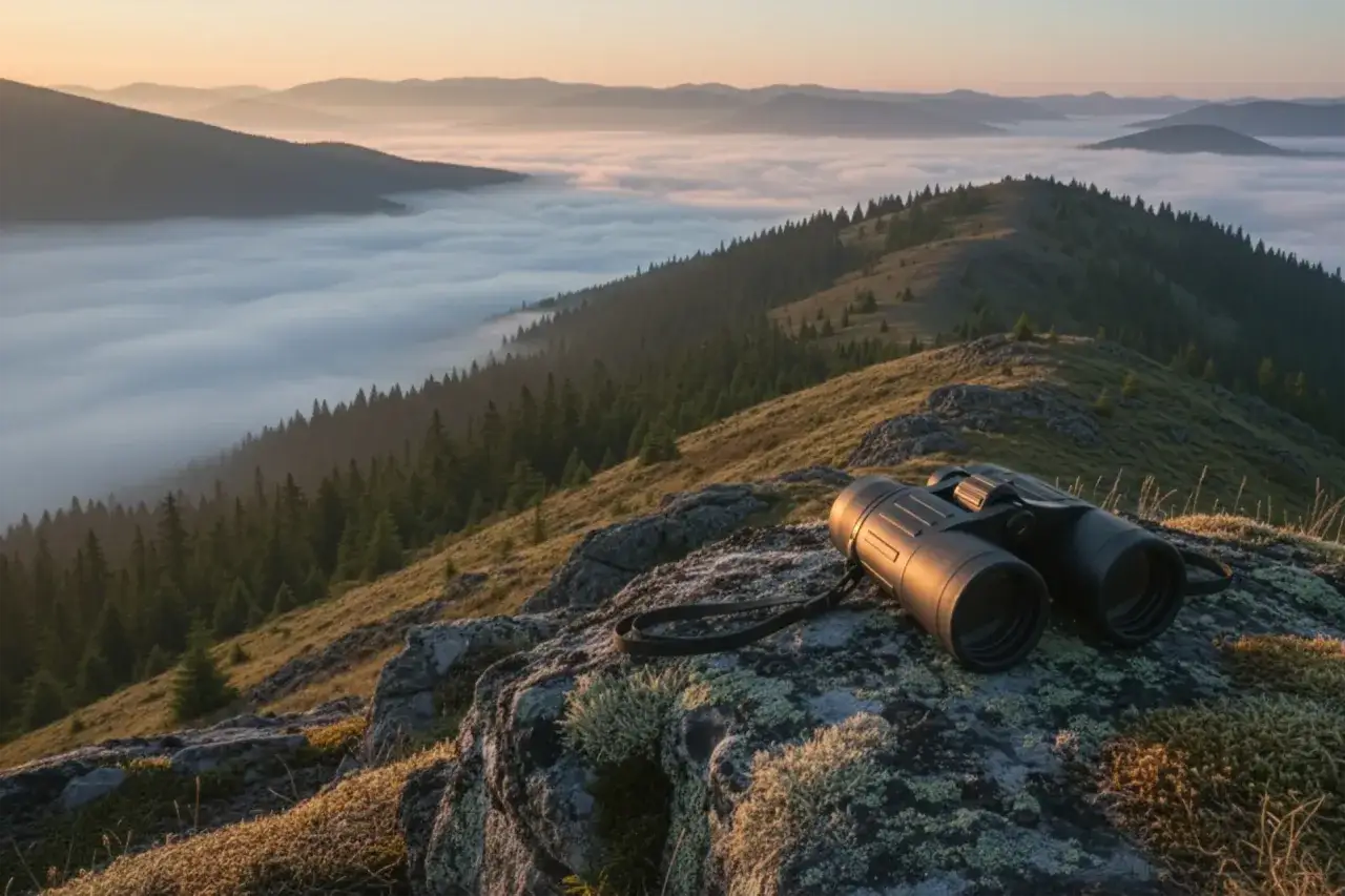 Lornetka czeka na szczycie, by odkryć piękno górskich dolin spowitych mgłą. Idealna na wyprawę, by zobaczyć więcej.