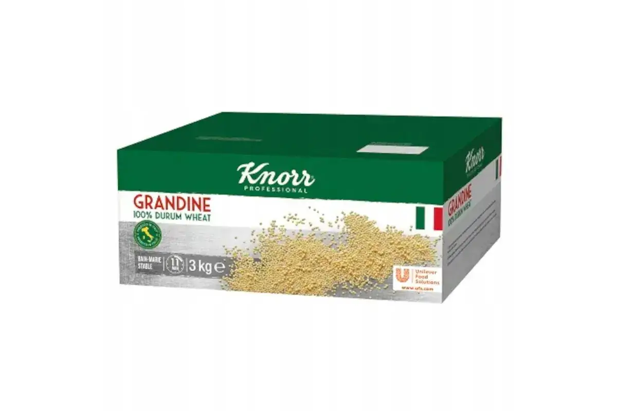 Pudełko makaronu Grandine Knorr Professional 3 kg z widocznym ziarnem.