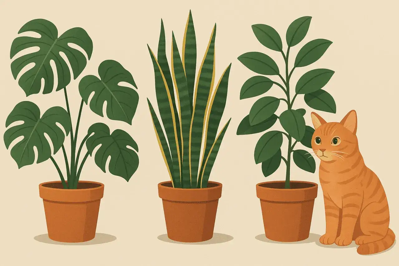 Pomarańczowy kot siedzi obok doniczek z roślinami: monstera, sansewieria i fikusa.