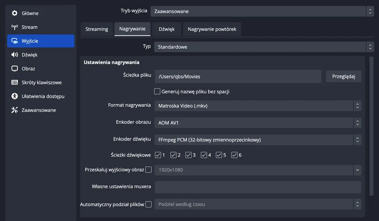 Ustawienia nagrywania wideo: ścieżka pliku, format .mkv, enkoder AOM AV1, dźwięk FFmpeg PCM, rozdzielczość 1920x1080, czyli **full HD jaka to rozdzielczość**.