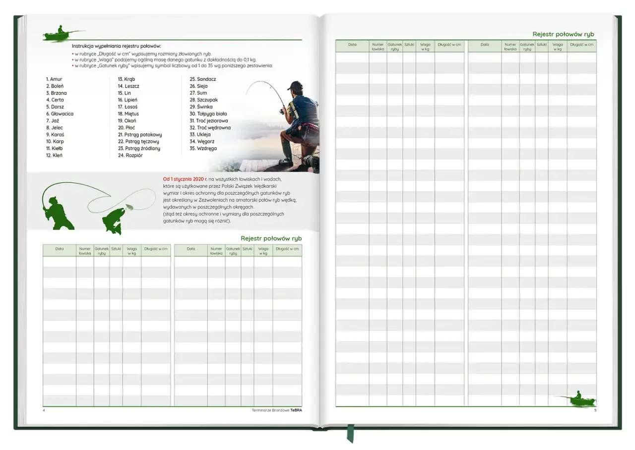 Rejestr połowów ryb: instrukcja, lista gatunków i puste tabele do wpisywania daty, numeru łowiska, gatunku ryby, sztuk, wagi i długości.