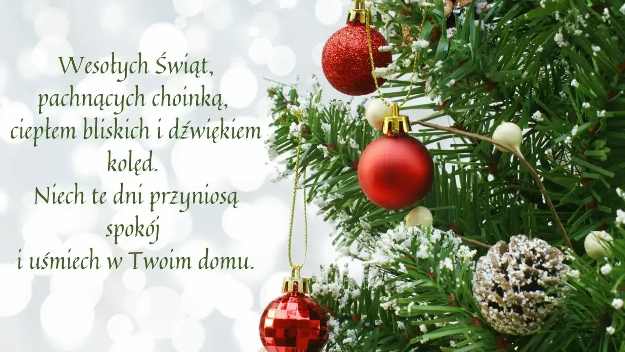 Wesołych Świąt! Piękna choinka, ciepło bliskich i dźwięk kolęd. Niech te dni przyniosą spokój i uśmiech. Idealne życzenia na święta bożego narodzenia sms.