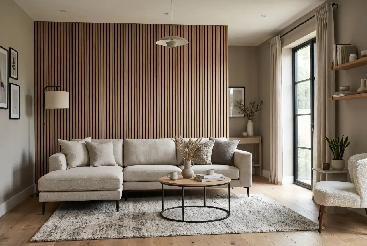 Drewniana ściana z pionowych listew, co zamiast lameli na ścianę? Jasna kanapa, stolik kawowy, dywan i lampa tworzą przytulny salon.