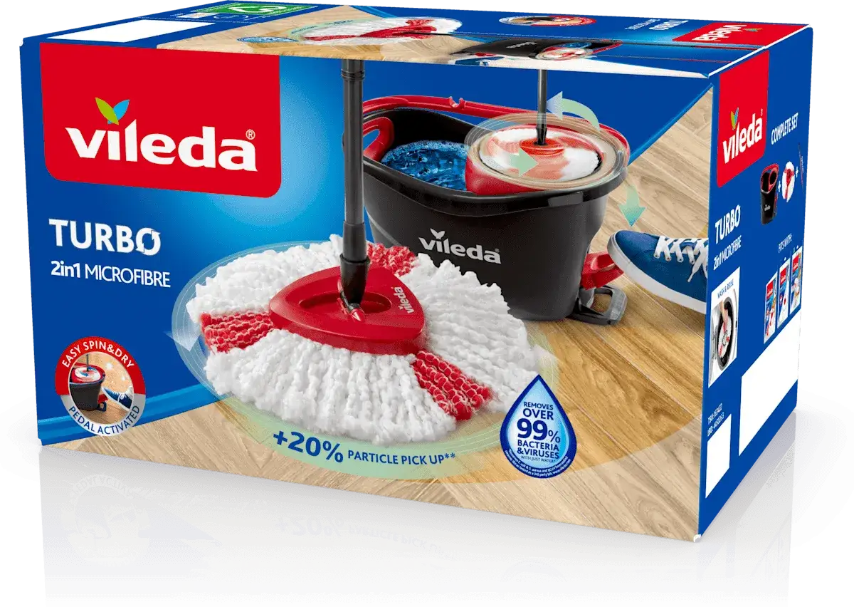 Pudełko mopa obrotowego Vileda Turbo z białą końcówką i czarnym wiadrem.
