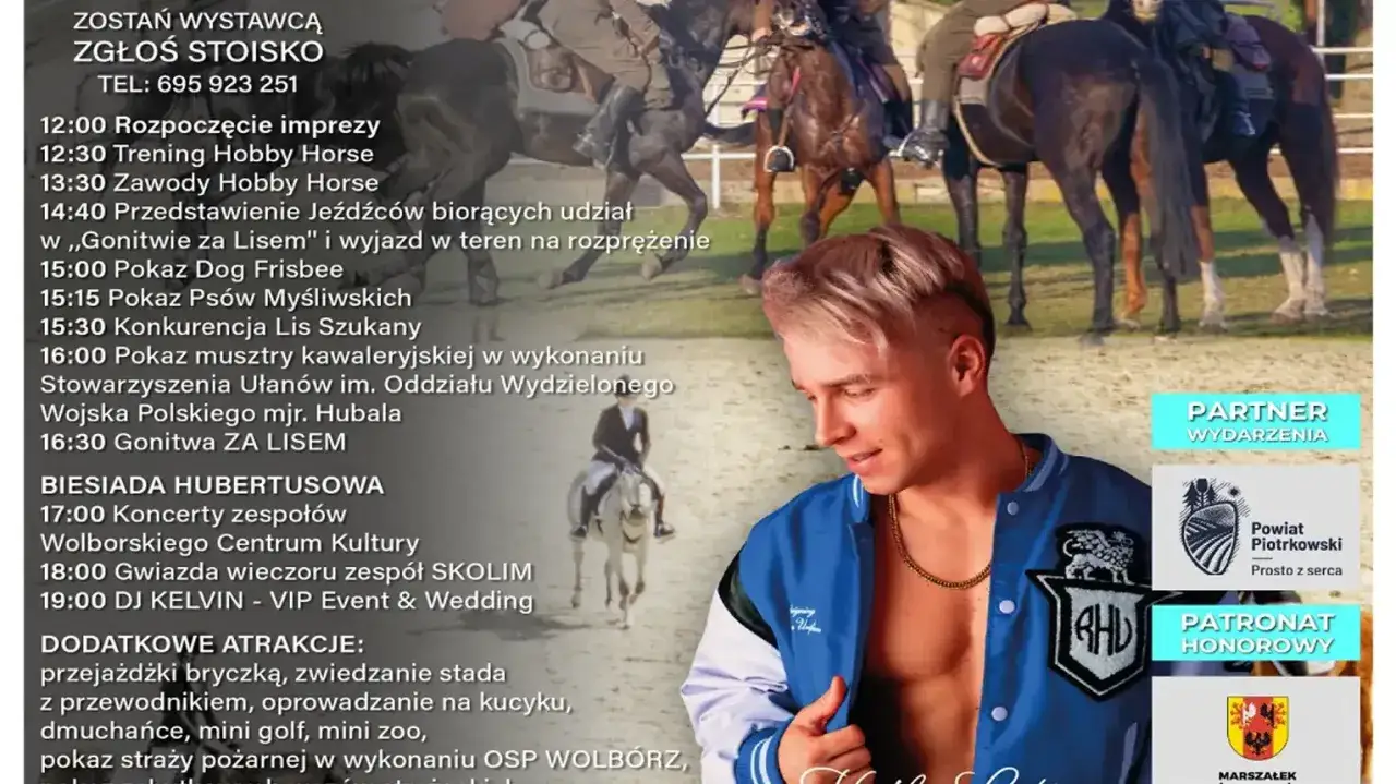 Plakat zapraszający na wydarzenie "Gonitwa za Lisem" i Biesiadę Hubertusową. W programie zawody Hobby Horse, pokazy psów, musztra kawaleryjska. Co to Hubertus? To święto myśliwych i jeźdźców.