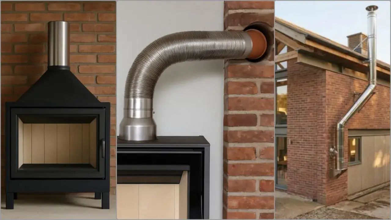 Trzy panele: czarny kominek, elastyczny przewód do komina, zewnętrzny komin ze stali nierdzewnej.