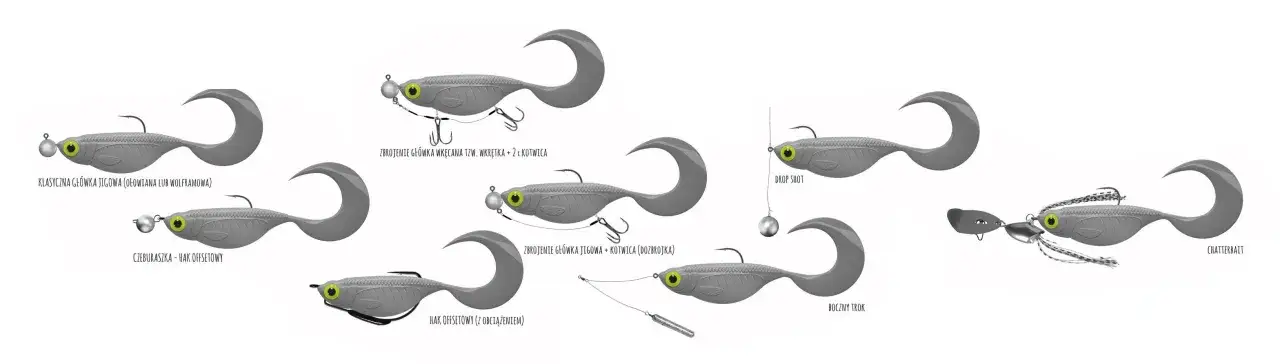 Ilustracje pokazują, jak założyć haczyk na gumę na różne sposoby: klasycznie, zbrojenie, drop shot, boczny trok i hak offsetowy.