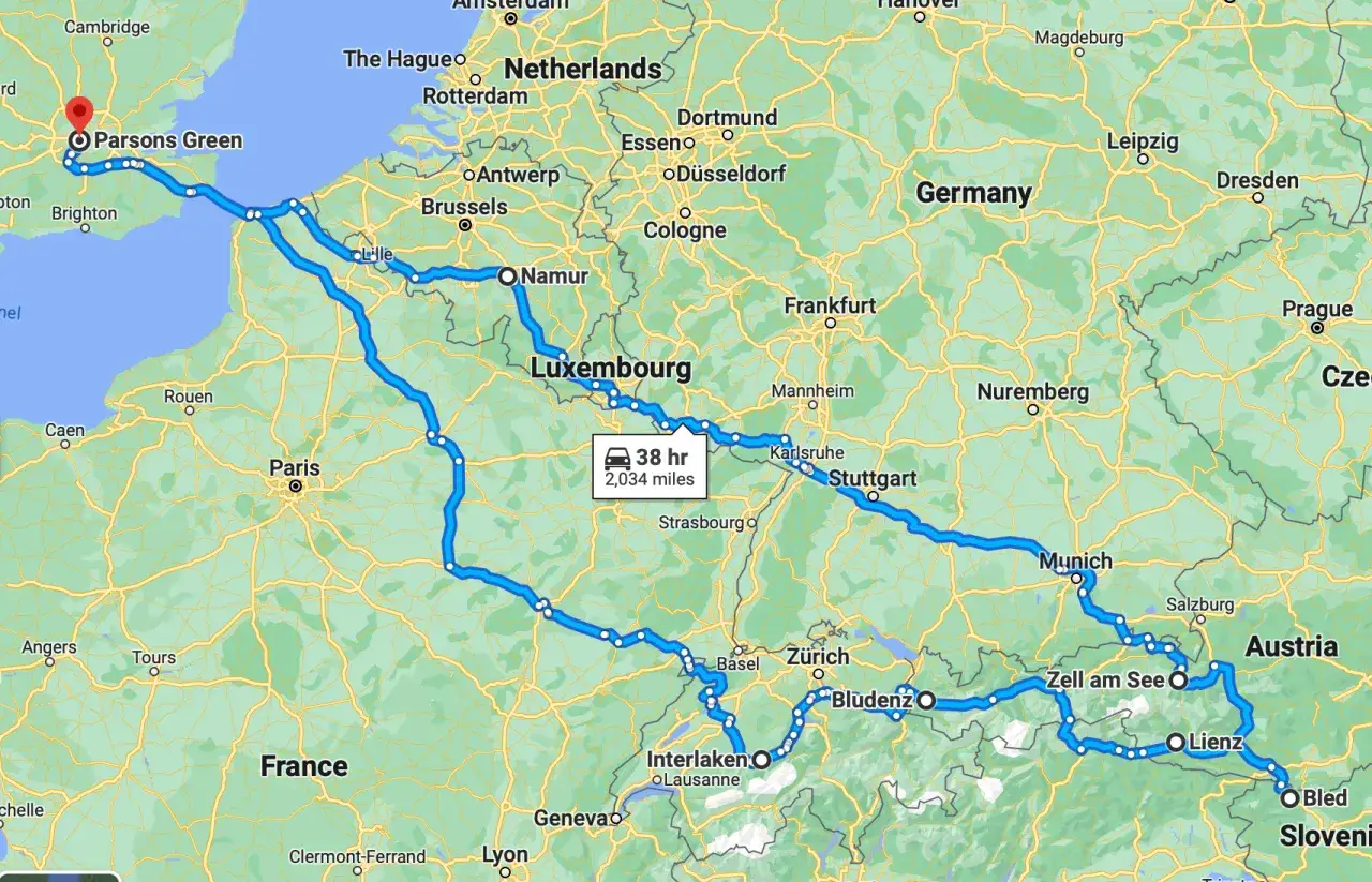 Trasa podróże po europie: z Londynu przez Francję, Luksemburg, Niemcy, Austrię do Słowenii.