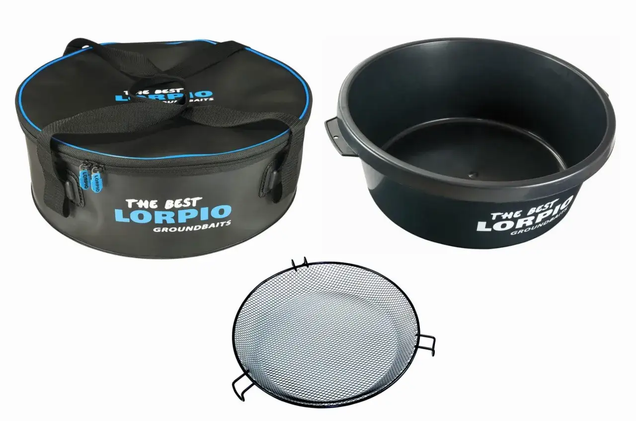 Zestaw wędkarski: torba na zanętę, wiadro i okrągłe sito do zanęty LORPIO.