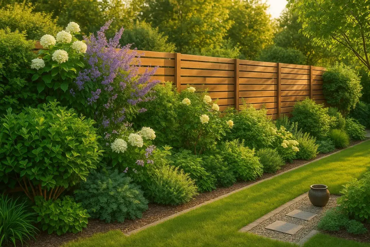 Piękna aranżacja ogrodu przy płocie. Kwitnące hortensje i lawenda tworzą kolorowy dywan.