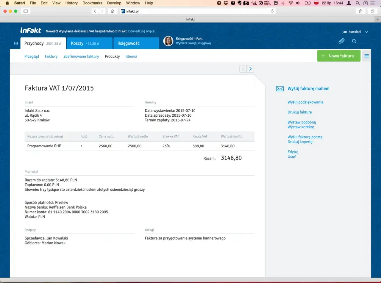 Faktura VAT z 2015-07-01. Programowanie PHP za 2560 zł netto, VAT 23% (588,80 zł). Razem 3148,80 zł. Pokazuje jak obliczyć podatek VAT.
