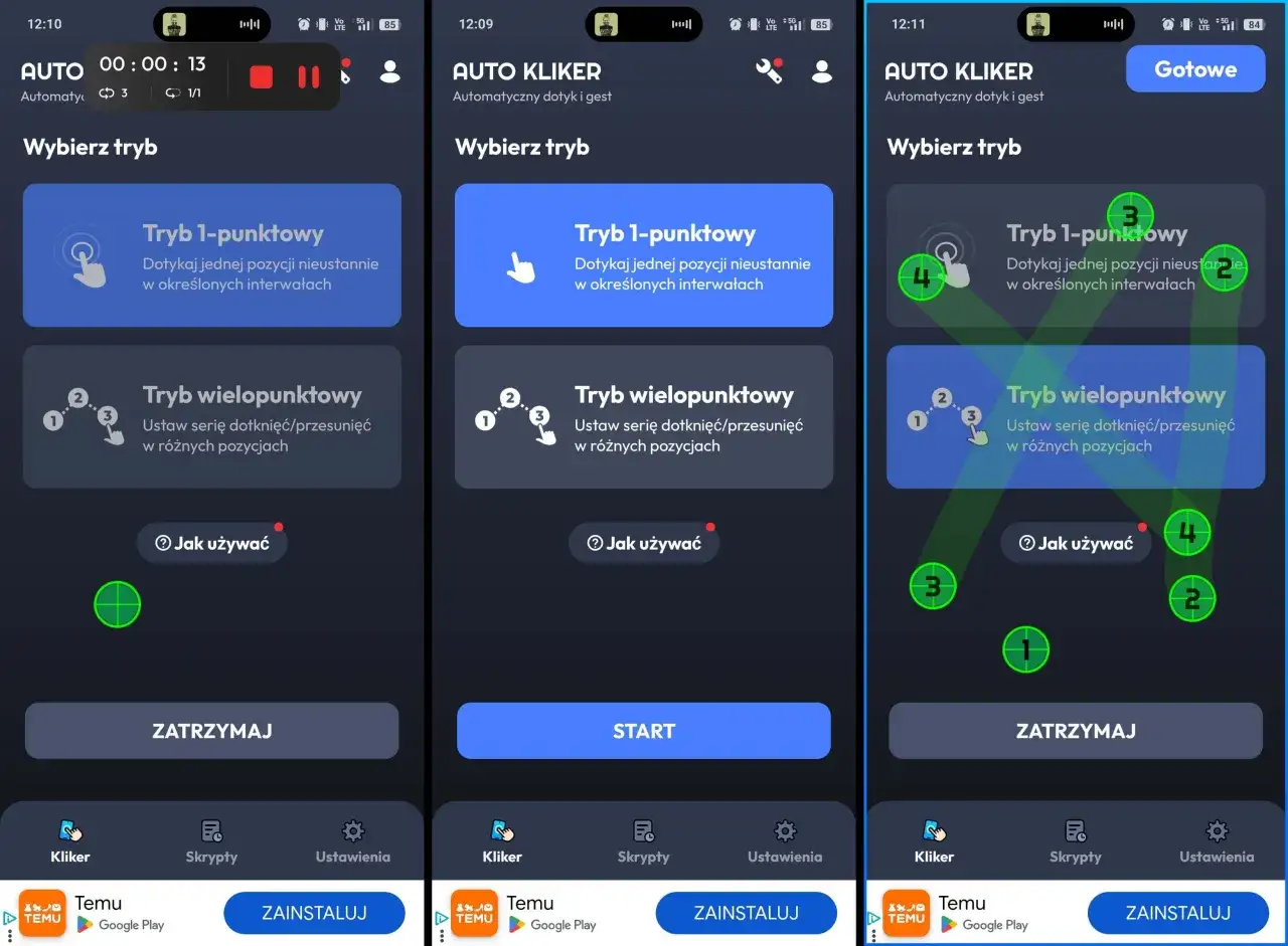 Ekran aplikacji auto clicker z opcjami trybu 1-punktowego i wielopunktowego. Widoczne są przyciski "Start", "Zatrzymaj" i "Gotowe".