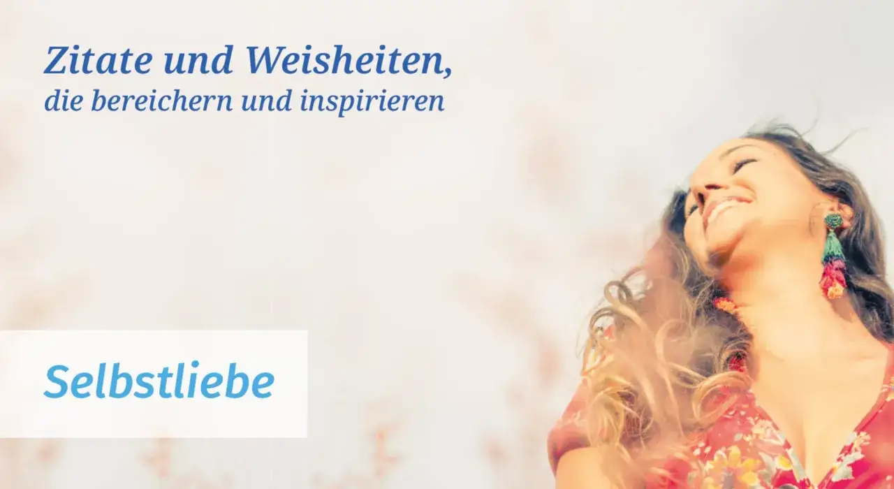 Glückliche Frau mit geschlossenen Augen und Blumenmuster-Kleid, im Hintergrund Text.